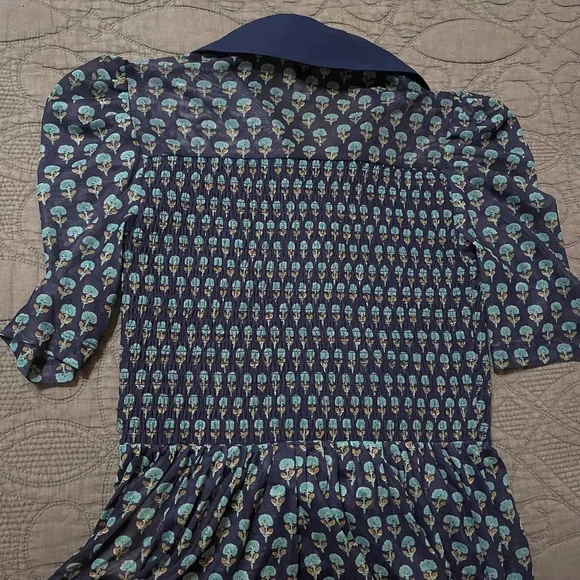 Maeve Blue Patterned Blouse with sheer sleeves and smocked waist. Small - Picture 3 of 5